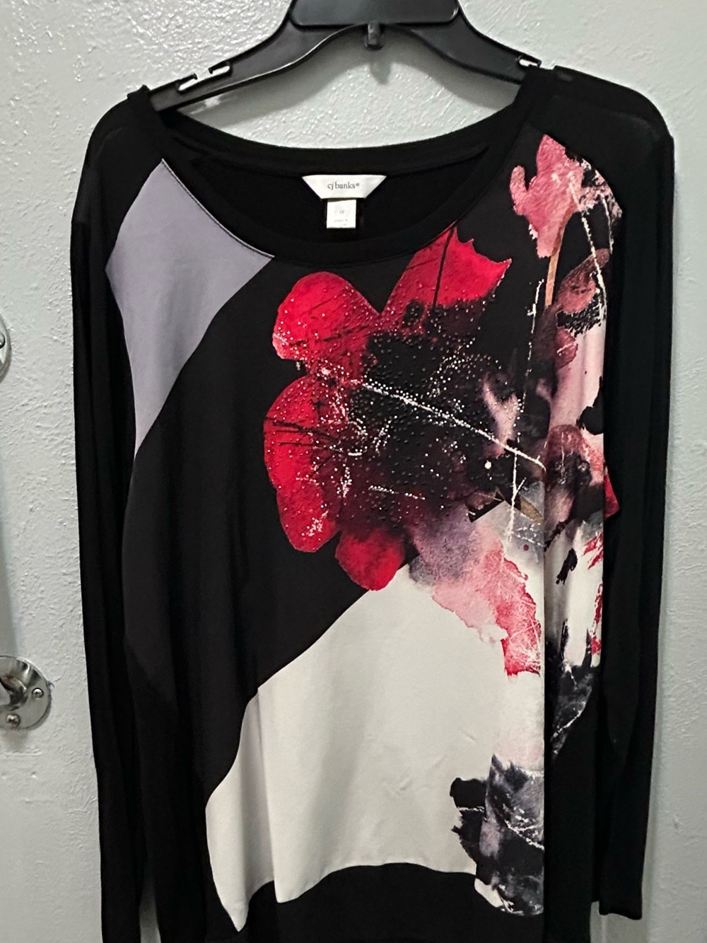 CJ Banks Black Long Sleeve Floral Panel Top with Red and Cream Accents